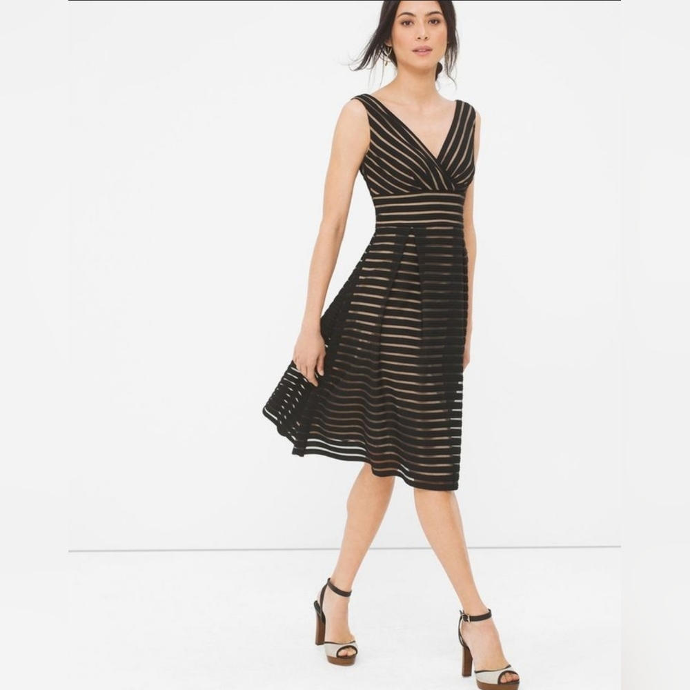 New NWT WHBM BLUE Shadow Stripe Fit-and-Flare Dress, Size 14